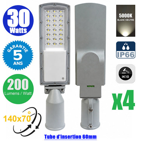 Pack de 4x Lampes de rue filaires - Série STAR200 - 30 Watts - 6000 Lumens - 200 Lumens/Watt - Angle 140° x 70° - IP66 - 5000K - 44 x 11 x 6 cm - Tube d'insertion 60mm - Lentilles en PMMA - Support ajustable - Structure en ALUMINIUM - Garantie 5 ans