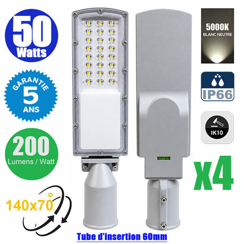 Pack de 4x Lampes de rue filaires - Série STAR200 - 50 Watts - 10 000 Lumens - 200 Lumens/Watt - Angle 140° x 70° - IP66 - 5000K - 44 x 11 x 6 cm - Tube d'insertion 60mm - Lentilles en PMMA - Support ajustable - Structure en ALUMINIUM - Garantie 5 ans