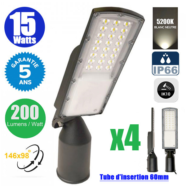Pack de 4x Lampes de rue filaires - Série STAR200 - 15 Watts - 3000 Lumens - 200 Lumens/Watt - Angle 146° x 98° - IP66 - 5200K - 44 x 11 x 8 cm - Tube d'insertion 60mm - Lentilles en PMMA - Support ajustable - Structure en ALUMINIUM - Garantie 5 ans