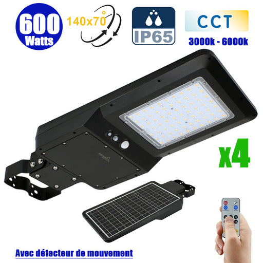 Pack de 4x Lampes de rue et parking Solaires - Série STREET EVO V2 – Rendu lumineux 600 Watts - 6000 Lumens - CCT 3000k/4000k/6000k Ajustable - IP65 - 140x70° - 71 x 29 x 7 cm - Tube d'insertion 50-60mm - Télécommande - Détecteur de mouvement