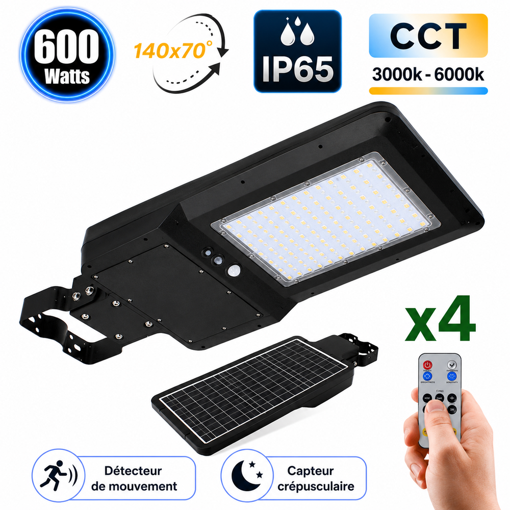 Pack de 4x Lampes de rue et parking Solaires - Série STREET EVO V2 – Rendu lumineux 600 Watts - 6000 Lumens - CCT 3000k/4000k/6000k Ajustable - IP65 - 140x70° - 71 x 29 x 7 cm - Tube d'insertion 45-50mm - Télécommande - Détecteur de mouvement
