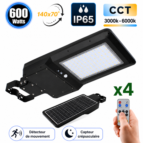 Pack de 4x Lampes de rue et parking Solaires - Série STREET EVO V2 – Rendu lumineux 600 Watts - 6000 Lumens - CCT 3000k/4000k/6000k Ajustable - IP65 - 140x70° - 71 x 29 x 7 cm - Tube d'insertion 45-50mm - Télécommande - Détecteur de mouvement