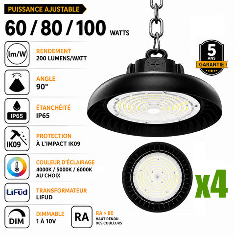 Pack de 4x Lampes industrielles UFO - Série SWITCH V2 - Puissance ajustable 60 / 80 / 100 Watts - 20 000 Lumens - 200 Lumens/Watt - Angle 90° - IP65 - IK09 - 255 x 110 mm - Dimmable 1-10V - Transformateur LIFUD - Garantie 5 ans