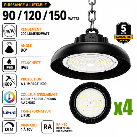 Pack de 4x Lampes industrielles UFO - Série SWITCH V2 - Puissance ajustable 90/120/150 Watts - 30 000 Lumens - 200 Lumens/Watt - Angle 90° - IP65 - IK09 - 300 x 110 mm - Dimmable 1-10V - Transformateur LIFUD - Garantie 5 ans