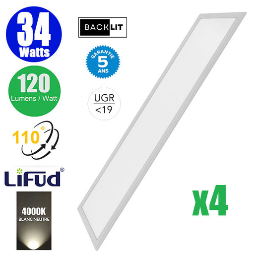 DERNIER DU STOCK : 4x Dalles LED - Dernière génération - BACKLIT - 30 x 120 cm - Série AMBITION V2 – Puissance 34 Watts - 4080 Lumens - 120 Lumens/Watt - Angle 110° - IP20 - IK02 - Transformateur LIFUD - UGR <19 - 4000K - Garantie 5 ans