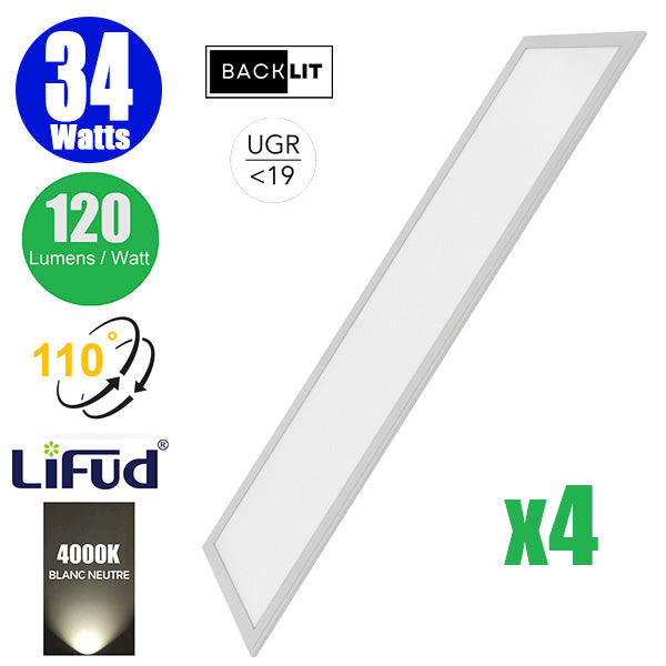 DERNIER DU STOCK : 4x Dalles LED - Dernière génération - BACKLIT - 30 x 120 cm - Série AMBITION V2 – Puissance 34 Watts - 4080 Lumens - 120 Lumens/Watt - Angle 110° - IP20 - IK02 - Transformateur LIFUD - UGR <19 - 4000K