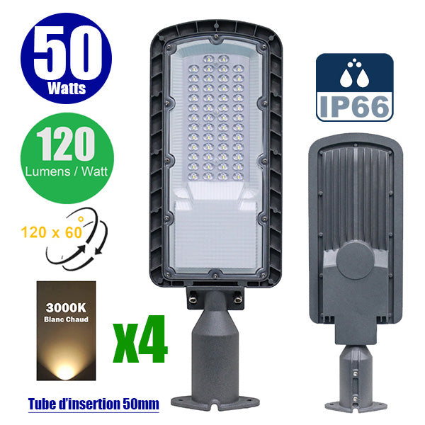 Pack de 4x Lampes de rue filaire - Série FLEX ECO - 50 Watts - 6000 Lumens - 120 Lumens/Watt - Angle 120 x 60° - IP66 - IK08 - 493 x 170 x 70mm - Tube d'insertion 50mm - 3000k