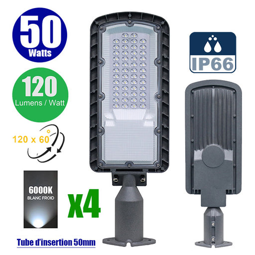 Pack de 4x Lampes de rue filaire - Série FLEX ECO - 50 Watts - 6000 Lumens - 120 Lumens/Watt - Angle 120 x 60° - IP66 - IK08 - 493 x 170 x 70mm - Tube d'insertion 50mm - 6000k