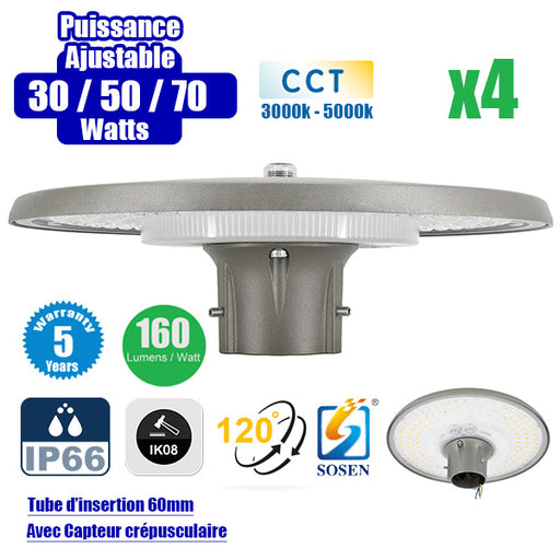 Pack de 4x Lampes de jardin et parking filaires - Série GARDIENNA - CCT - Puissance Ajustable 30 / 50 / 70 Watts - Jusqu'à 10 800 Lumens - IP66 - IK08 - Angle 120° - Tube d'insertion 60mm - Couleur GRIS - Avec CAPTEUR CREPUSCULAIRE - Garantie 5 ans