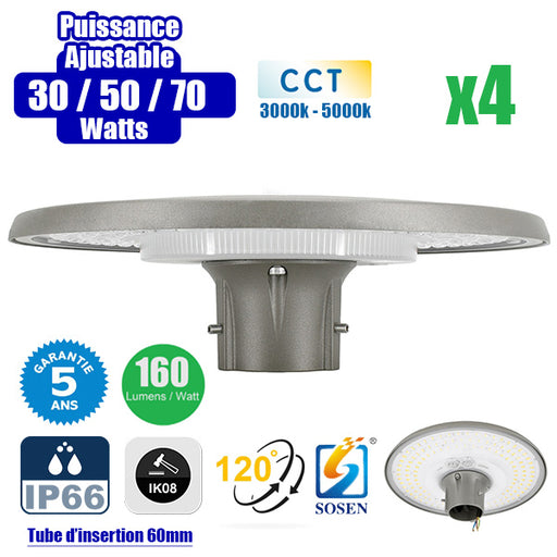 Pack de 4x Lampes de jardin et parking filaires - Série GARDIENNA - CCT (Couleur Changeante en Température) - Puissance Ajustable 30 / 50 / 70 Watts - Jusqu'à 10 800 Lumens - IP66 - IK08 - Angle 120° - Tube d'insertion 60mm - Couleur GRIS - Garantie 5 ans