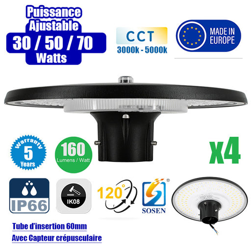 Pack de 4x Lampes de jardin et parking filaires - Série GARDIENNA - CCT - Puissance Ajustable 30 / 50 / 70 Watts - Jusqu'à 10 800 Lumens - IP66 - IK08 - Angle 120° - Tube d'insertion 60mm - Avec CAPTEUR CREPUSCULAIRE - Couleur NOIR - Garantie 5 ans