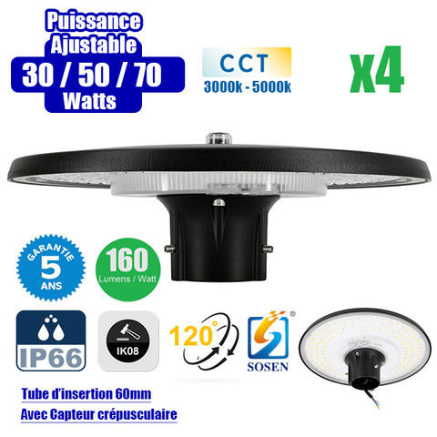 Pack de 4x Lampes de jardin et parking filaires - Série GARDIENNA - CCT - Puissance Ajustable 30 / 50 / 70 Watts - Jusqu'à 10 800 Lumens - IP66 - IK08 - Angle 120° - Tube d'insertion 60mm - Avec CAPTEUR CREPUSCULAIRE - Couleur NOIR - Garantie 5 ans