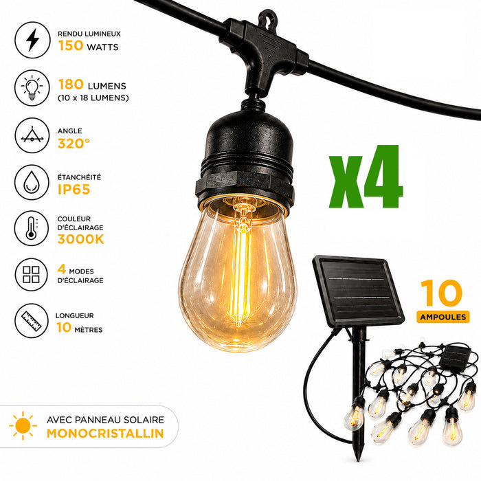 Pack de 4x Guirlandes lumineuses solaires de 10 ampoules - Série GUINGUETTE - Rendu lumineux 150 Watts - 180 Lumens (10 x 18 Lumens) - Angle 320° - IP65 - 3000K - 10 Mètres - Couleur NOIR - 4 modes d'éclairage - Avec capteur crépusculaire