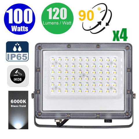 Pack de 4x Projecteurs LED filaires - Série PERLE V2 - 100 Watts - 12 000 Lumens - 120 Lumens/Watt - Angle 90° - IP65 - 6000K - 290 x 230 x 25 mm