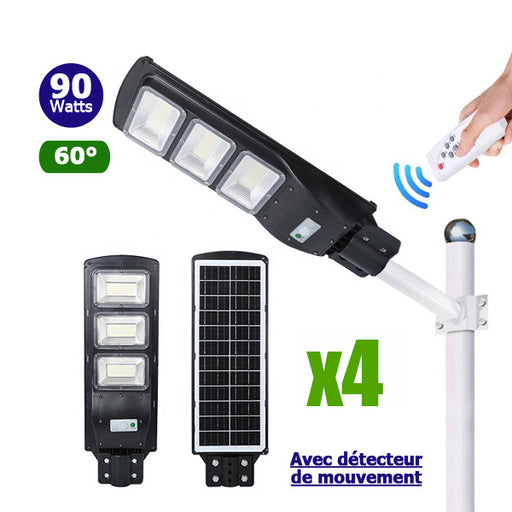 DERNIER DU STOCK : : Pack de 4x Lampes de rue et parking - Série VIEW - 90 Watts - Angle 60° - IP65 - 6000k - Avec détecteur de mouvement PIR - Avec capteur crépusculaire - Panneau solaire en silicium - Avec télécommande - Tube d’insertion 45mm