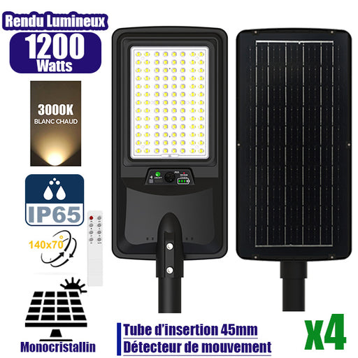 Pack de 4x Lampes de rue LED solaires - Série VIEW V2 EVO - 1200 Watts - 3600 Lumens - 3000k - Angle 140*70° - IP65 - 64 x 26 x 7 cm - Panneau Monocristallin - Batterie 20Ah - Détecteur de mouvement - Télécommande - Tube d'insertion 45mm