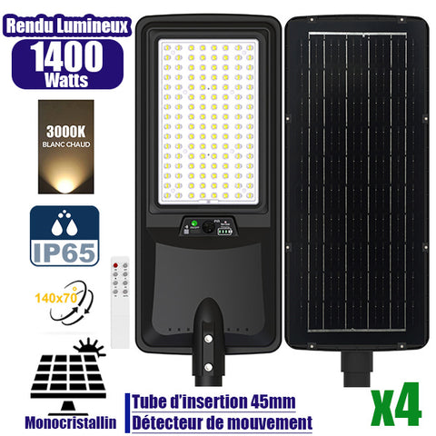 Pack de 4x Lampes de rue LED solaires - Série VIEW V2 EVO - 1400 Watts - 4500 Lumens - 3000k - Angle 140*70° - IP65 - 64 x 26 x 7 cm - Panneau Monocristallin - Batterie 25Ah - Détecteur de mouvement - Télécommande - Tube d'insertion 45mm