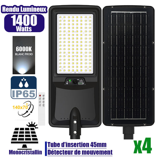 Pack de 4x Lampes de rue LED solaires - Série VIEW V2 EVO - 1400 Watts - 4500 Lumens - 6000k - Angle 140*70° - IP65 - 64 x 26 x 7 cm - Panneau Monocristallin - Batterie 25Ah - Détecteur de mouvement - Télécommande - Tube d'insertion 45mm