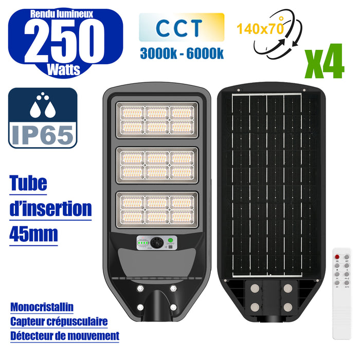 Pack de 4x Luminaires Solaires LED pour Candélabre / Lampe de rue et parking - Série VIEW V3 CCT - 250 Watts - 2100 Lumens - Angle 140*70° - IP65 - Lampe 62 x 25 x 5 cm - Panneau MONOCRISTALLIN 51 x 23 cm - Détecteur de mouvement
