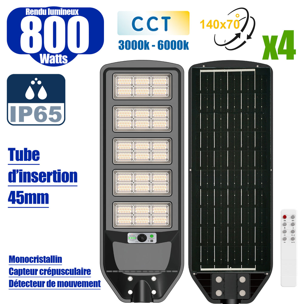 Pack de 4x Luminaires Solaires LED pour Candélabre / Lampe de rue et parking - Série VIEW V3 CCT - 800 Watts - 3500 Lumens - Angle 140*70° - IP65 - Lampe 72 x 25 x 5 cm - Panneau MONOCRISTALLIN 61 x 23 cm - Détecteur de mouvement