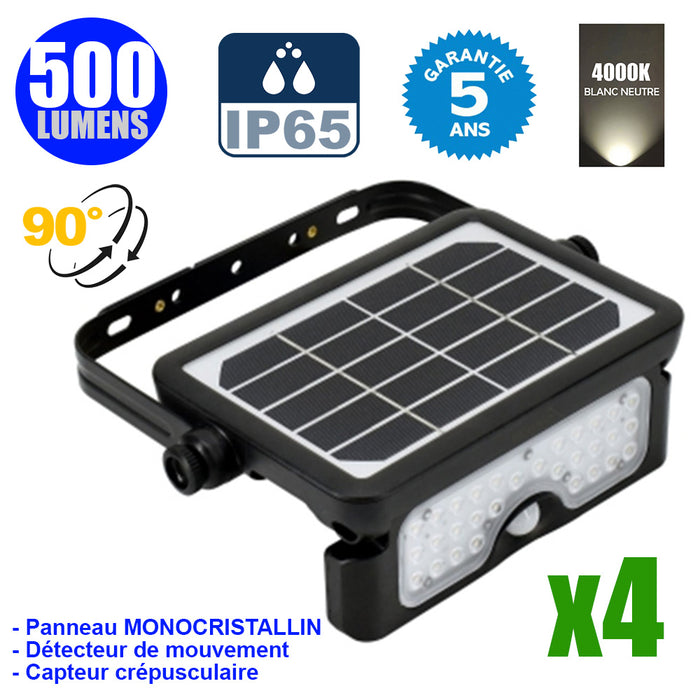 Pack de 4x Projecteurs LED solaires avec détecteur de mouvement - Série SOFT V1 - 500 Lumens - 23 x 15 x 4 cm - Angle 90° - IP65 - 4000k - Panneau solaire MONOCRISTALLIN - Avec détecteur de mouvement - Garantie 5 ans