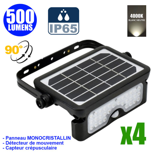 Pack de 4x Projecteurs LED solaires avec détecteur de mouvement - Série SOFT V1 - 500 Lumens - 23 x 15 x 4 cm - Angle 90° - IP65 - 4000k - Panneau solaire MONOCRISTALLIN - Avec détecteur de mouvement