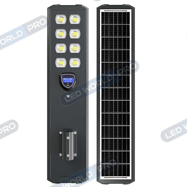 Pack de 4x Lampes de rue solaires - Série STARSHIP ULTRA BLACK - 2000 Watts - 5000 Lumens - 6000k - Angle 140*70° - IP65 - Structure aluminium - Dimensions 108 x 22 x 8 cm - Tube 60mm - Contrôle intelligent - Détecteur de mouvement - Télécommande