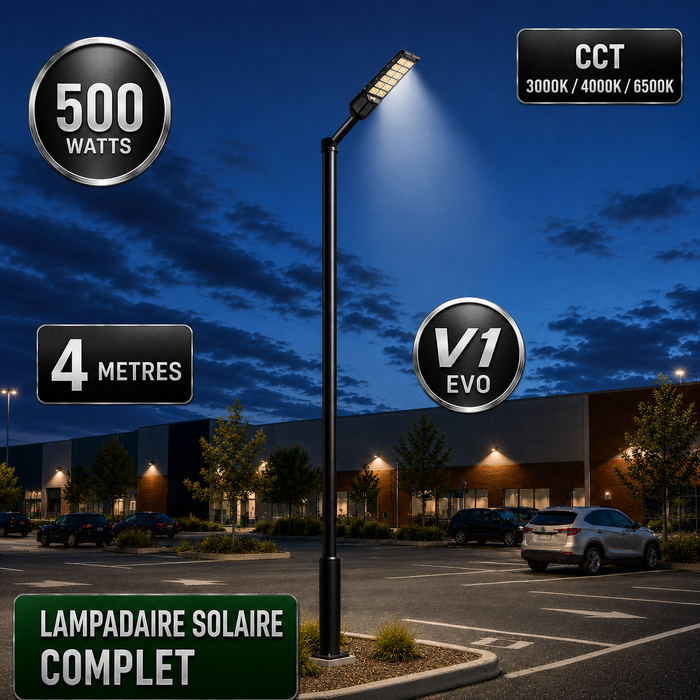 Pack lampadaire solaire complet 3/4/5/6 mètres au choix : Lampe solaire Série POWER ULTRA V2 + Mât STANDARD V1 EVO - Entraxe des trous 200mm - Noir