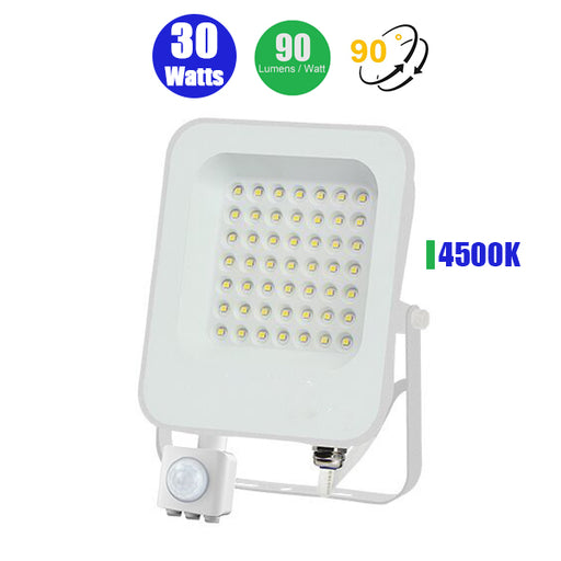 Projecteur LED Filaire avec détecteur de mouvement - 30 Watts - 2700 lumens - 90 lumens/watt - 90 lumens/watt - Angle 90° - IP65 - 154 x 228 x 55 mm