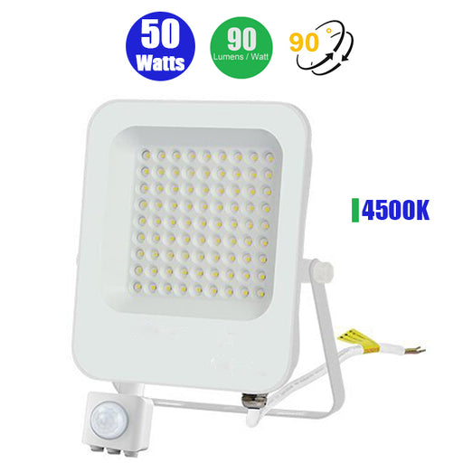 Projecteur LED Filaire avec détecteur de mouvement - 50 Watts - 4500 lumens - 90 Lumens/Watt - Angle 90° - IP65 - 182 x 263 x 57 mm
