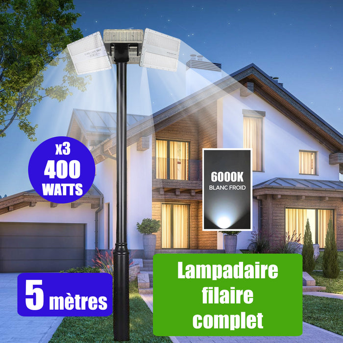 Pack lampadaire filaire complet triple tête 5 mètres : 3x Projecteurs LED filaires Série ELITE 400 Watts - 6000k + Mât STANDARD - 5 mètres