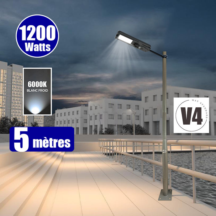 Pack lampadaire solaire complet 3/4/5/6 mètres au choix : Lampe solaire Série STARSHIP + Mât EVO - Entraxe des trous 200mm - Noir