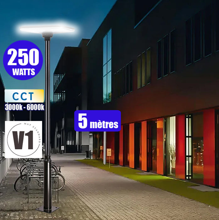 Pack lampadaire solaire complet 3/4/5/6 mètres au choix : Lampe solaire Série OVNI SUNFLOWER V2 + Mât EVO - Entraxe des trous 200mm - Noir