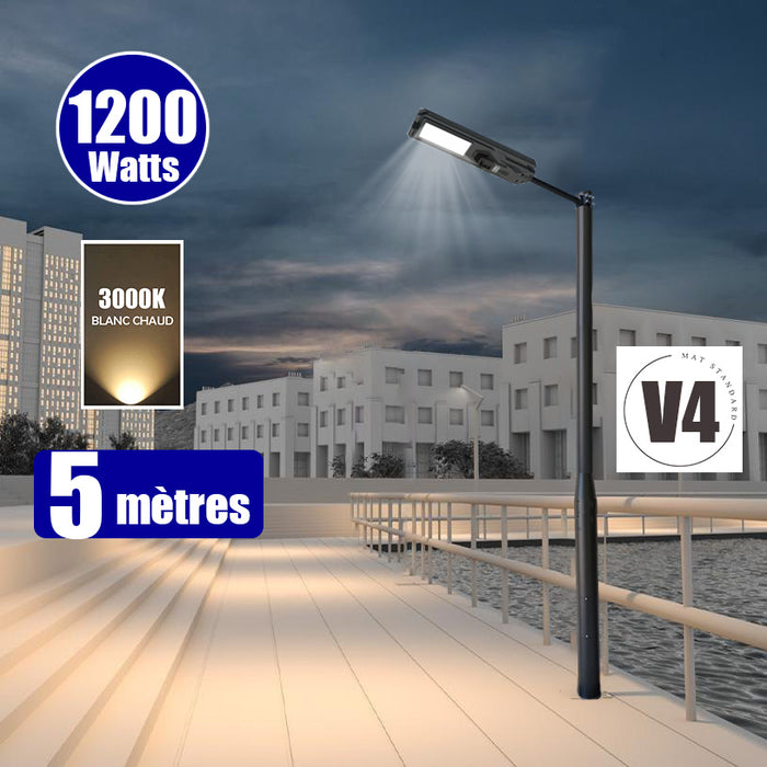 Pack lampadaire solaire complet 3/4/5/6 mètres au choix : Lampe solaire Série STARSHIP + Mât EVO - Entraxe des trous 200mm - Noir