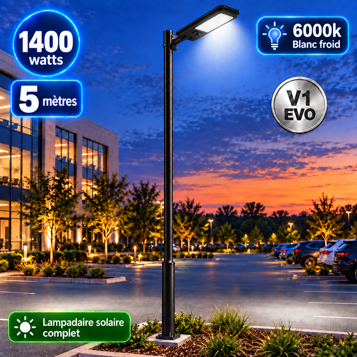 Pack lampadaire solaire complet 3/4/5/6 mètres au choix : Lampe solaire Série VIEW V2 EVO + Mât STANDARD V1 EVO - Entraxe des trous 200mm + Adaptateur ajustable 80/50mm ou Support déporté 45mm