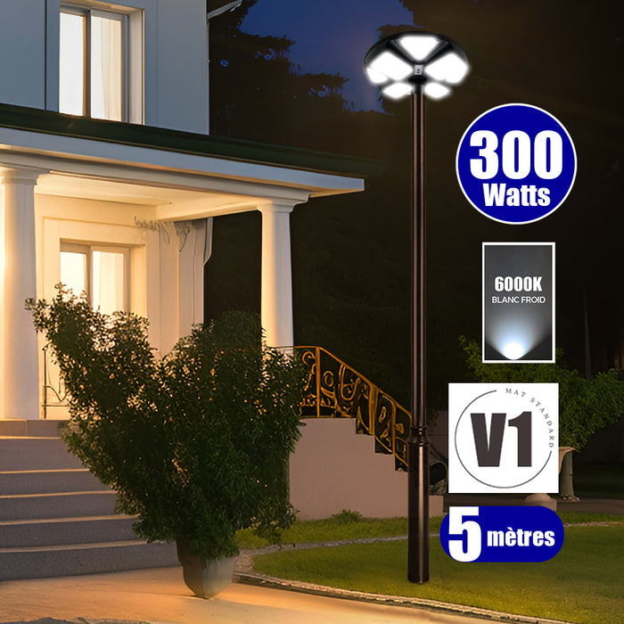 Pack lampadaire solaire complet 3/4/5/6 mètres au choix : Lampe solaire Série OVNI CRYSTAL V2 + Mât EVO - Entraxe des trous 200mm - Noir