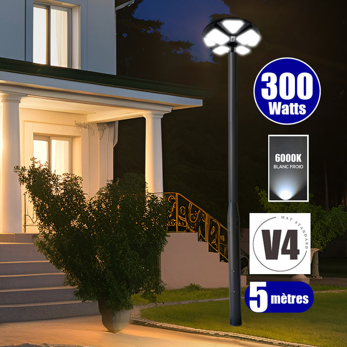 Pack lampadaire solaire complet 3/4/5/6 mètres au choix : Lampe solaire Série OVNI CRYSTAL V2 + Mât EVO - Entraxe des trous 200mm - Noir