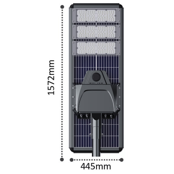 Lampe de rue solaire - Série STARSHIP ELITE - 16 000 Lumens - Angle 150x70° - IP65 - 157 x 45 x 9 cm - 3000k/4000k/6000k au choix - Structure ALUMINIUM - Tube d'insertion 76mm - Régulateur MPPT - Détecteur de mouvement - Télécommande - Garantie 3 ans