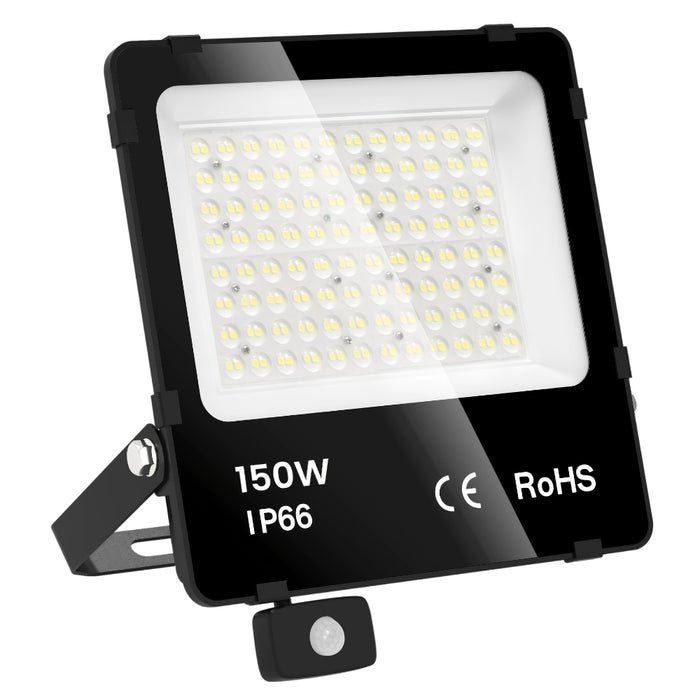 Projecteur LED filaire détecteur  - Série PAD ULTRA PIR - 150 Watts - 22 500 Lumens - 150 Lumens/Watt - Angle 90° - IP66 - 33 x 32 x 7 cm - Transformateur SOSEN - Structure en ALUMINIUM - 4000k - Garantie 5 ans