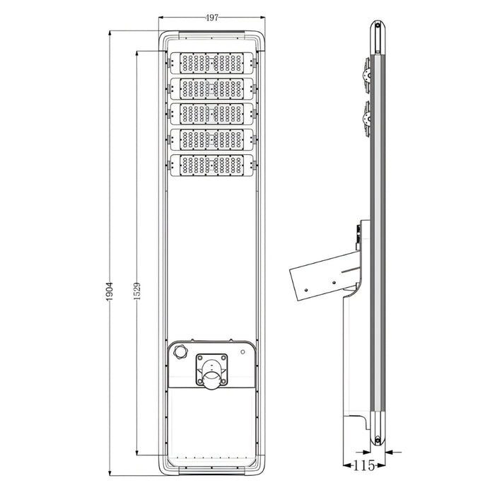 Lampe de rue solaire - Série HORIZON - 24 000 Lumens - 150 Watts - Couleur 6500K - Angle 150x70° - IP65 - Structure Aluminium - 1904 x 497 x 115 mm - Tube d'insertion 76mm - Régulateur MPPT - Garantie 3 ans