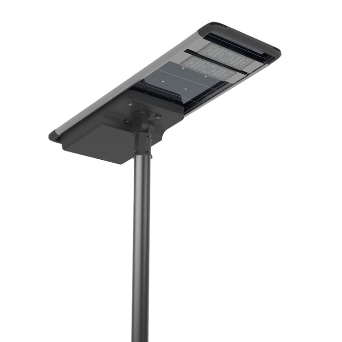 Lampe de rue solaire - Série HORIZON - 12 800 Lumens - 80 Watts - Couleur 6500K - Angle 150x70° - IP65 - Structure Aluminium -  1174 x 497 x 115 mm - Tube d'insertion 76mm - Régulateur MPPT - Garantie 3 ans