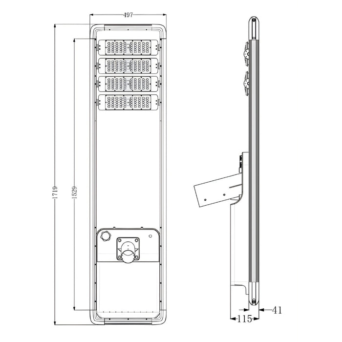 Lampe de rue solaire - Série HORIZON - 19 200 Lumens - 120 Watts - Couleur 6500K - Angle 150x70° - IP65 - Structure Aluminium - 1719 x 497 x 115 mm - Tube d'insertion 76mm - Régulateur MPPT - Garantie 3 ans