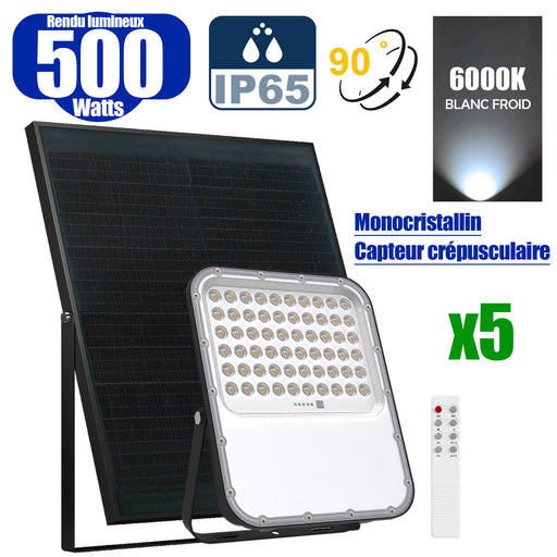 Pack de 5x Projecteurs LED solaires - Série BIG BOY V3 - 500 Watts - 2800 Lumens - 90° - IP65 - Lampe 28 x 23 x 5 cm - Panneau solaire MONOCRISTALLIN FULL BLACK 39 x 30 x 2 cm - Télécommande - 6000k - Structure ALUMINIUM