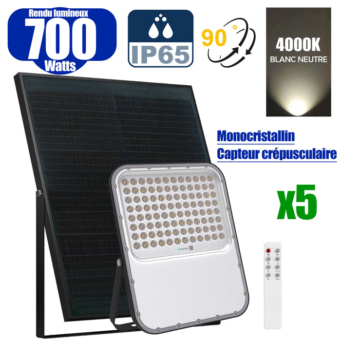 Pack de 5x Projecteurs LED solaires - Série BIG BOY V3 - 700 Watts - 4200 Lumens - 90° - IP65 - Lampe 33 x 28 x 5 cm - Panneau solaire MONOCRISTALLIN FULL BLACK 39 x 43 x 2 cm - Télécommande - 4000k - Structure ALUMINIUM