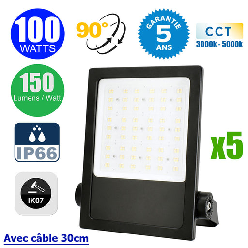 Pack de 5x Projecteurs LED filaires - CITY PLUS V3 - 100 Watts - CCT 3000k/4000k/5000k - 15 000 Lumens - 150 Lumens/Watt - Angle 90° - IP66 - Protection à l'impact IK07 - 36 x 25 x 6 cm - Structure en ALUMINIUM - Câble 30cm - Garantie 5 ans