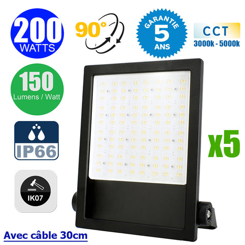 Pack de 5x Projecteurs LED filaires - CITY PLUS V3 - 200 Watts - CCT 3000k/4000k/5000k - 30 000 Lumens - 150 Lumens/Watt - Angle 90° - IP66 - Protection à l'impact IK07 - 41 x 29 x 6 cm - Structure en ALUMINIUM - Câble 30cm - Garantie 5 ans