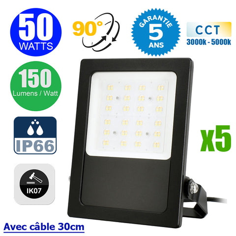 Pack de 5x Projecteurs LED filaires - CITY PLUS V3 - 50 Watts - CCT 3000k/4000k/5000k - 7500 Lumens - 150 Lumens/Watt - Angle 90° - IP66 - Protection à l'impact IK07 - 28 x 20 x 5 cm - Structure en ALUMINIUM - Câble 30cm - Garantie 5 ans