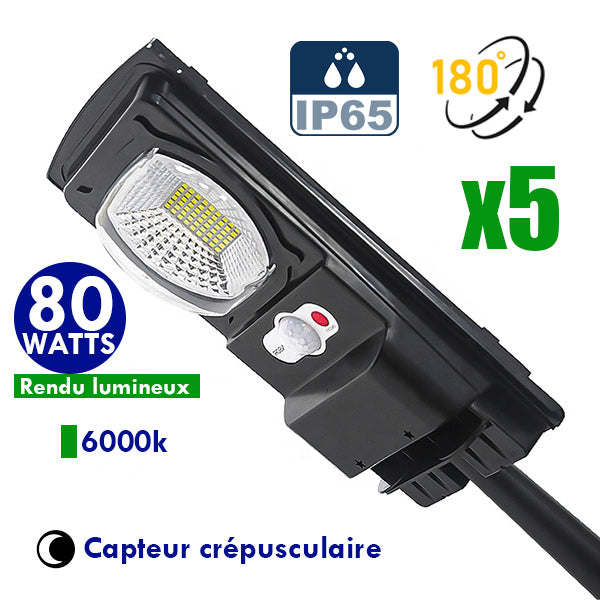 Pack de 5x Lampes de rue solaires - Série CYCLOPE - Rendu lumineux 80 Watts - Angle éclairage 180 ° - IP65 - 25 x 14 x 4 cm - Avec capteur crépusculaire – Support mural intégré – Couleur 6000K