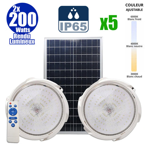 Pack de 5x Doubles Plafonniers LED Solaires CCT (Couleur Changeante en Température ) - Rendu lumineux 200 Watts - Série HOME DOUBLE 200 – 2x 1100 Lumens - Lampe diamètre 36 cm - Panneau solaire 70 x 35 x 2 cm - IP65 - Avec télécommande multifonctions