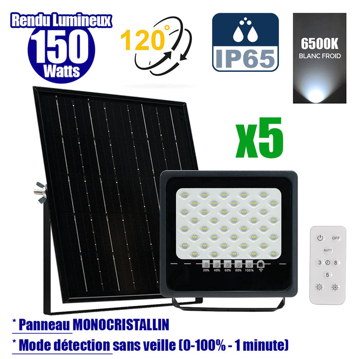 Pack de 5x Projecteurs LED solaires - Série SECURITY ULTRA - 150 Watts - 900 Lumens - Angle 120° - IP65 - Lampe 21 x 20 x 5 cm - Panneau solaire MONOCRISTALLIN 23 x 21 x 2 cm - Télécommande - 6500k - Mode de détection sans veille (0-100% - 1 minute)